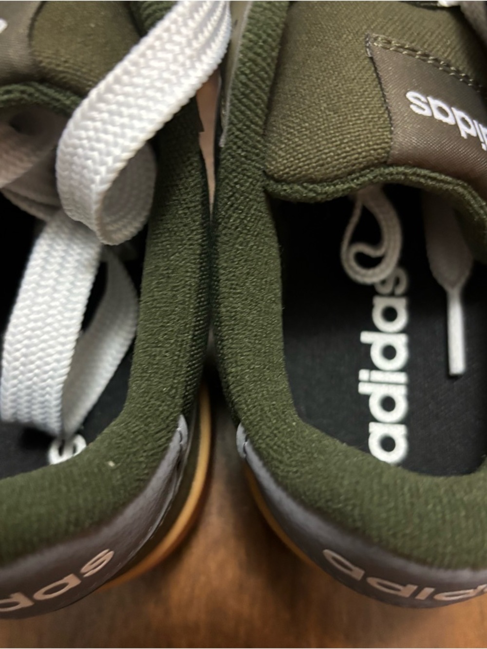 adidas Olive Green Low-Top Sneakers with White Stripes and Gum Sole - Picture 4 of 8